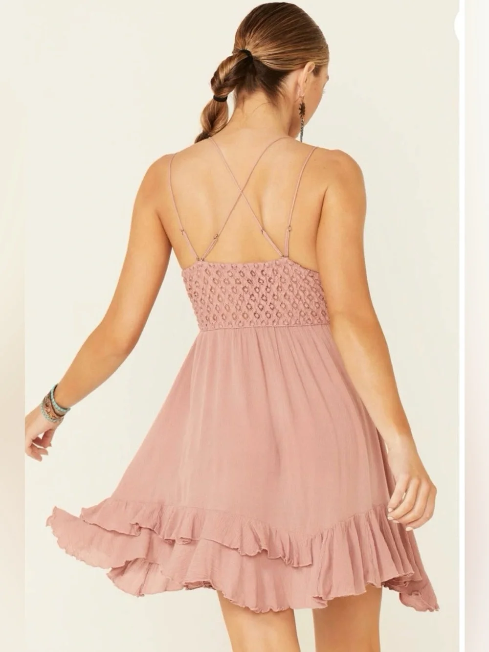 NWT Free People Adella Slip Lace short Dress Plunging Neckline Pink Rose ~ Small